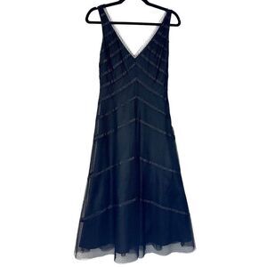 Vintage BCBG Maxazria Striped V Neck Sleeveless Flared Black Party Dress Size 4